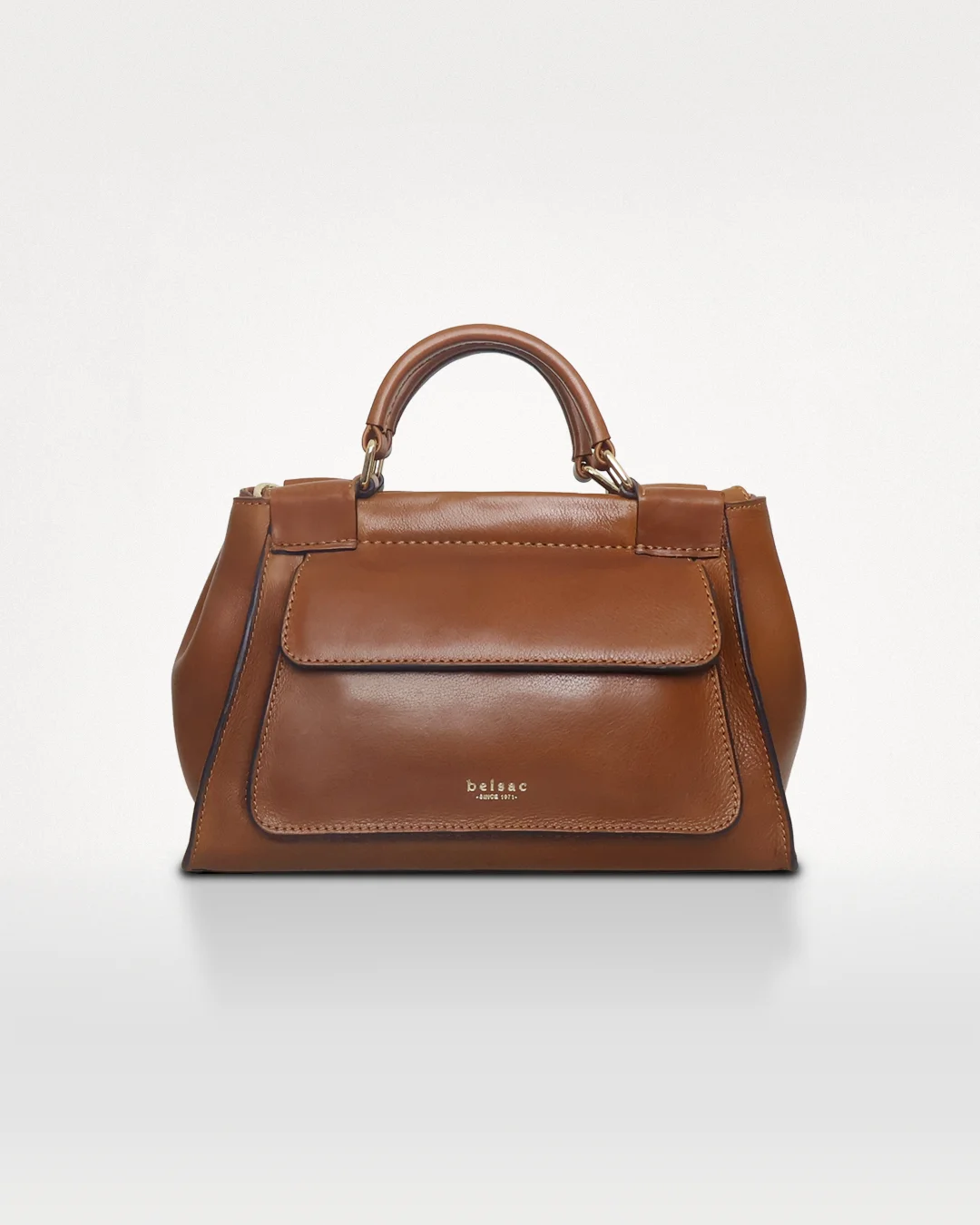 Rachel crossbody- og håndtaske i blødt struktureret læder, cognacfarvet, set forfra.