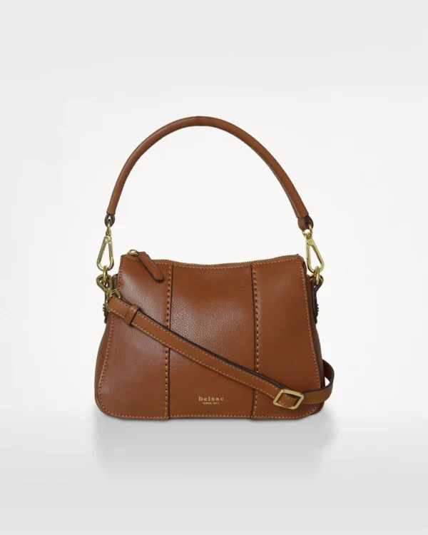 Philipa crossbody- og håndtaske i cognacfarvet anilinlæder, forfra