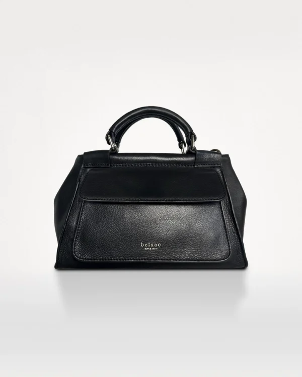 Rachel crossbody- og håndtaske i sort struktureret læder, set forfra