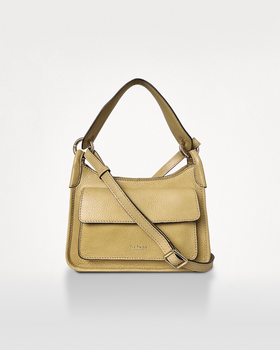 Rakel crossbody og håndtaske i kraftigt blødt kalveskind med mørk kantfarve set forfra