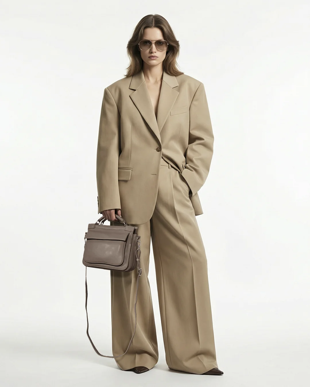 Kathleen lædertaske i taupe på model.